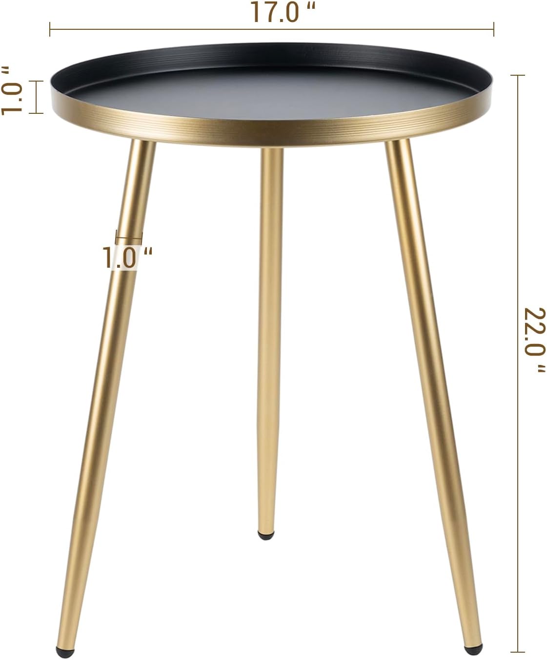MyGift Gold End Table, Metal Nightstand, 22 Inch Tall Round Side Table with Matte Black Tray Top for Living Room Sofa Side Table Bedroom Plant Stand Home Decor