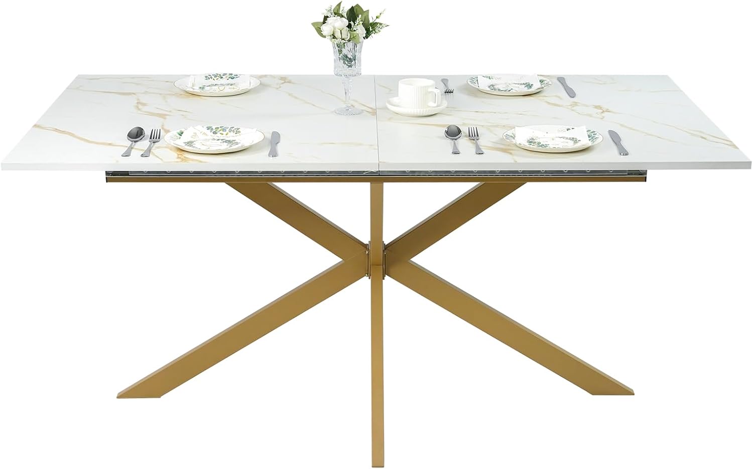 63"-79" Extendable Dining Table for 6-10 People, Modern Rectangle Extendable Kitchen Table with Gold Faux Marble Tabletop and Gold Metal Cross Legs for Restaurant/Dining Room/Kitchen/Living Room