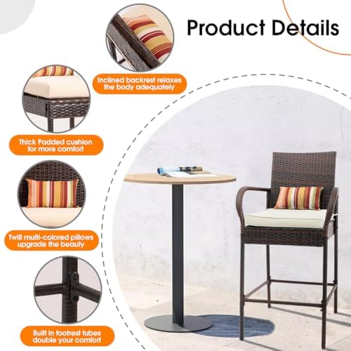 Sundale Outdoor Wicker Bar Stool Set of 2, Patio Counter Height Pub Chair with Arms, High Top Rattan Barstool, Cushion Beige, All-Weather Outdoor Rattan Furniture