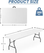 Sweetcrispy 8 FT Folding Picnic Table with 10 White Folding Chairs, Easy to Fold and Store, Foldable Table for Camping Picnic Dining Party Kitchen Outdoor Indoor with Carrying Handle