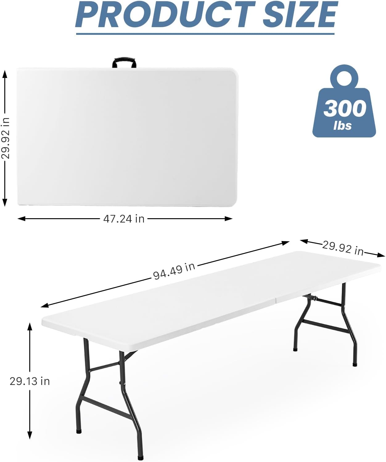 Sweetcrispy 8 FT Folding Picnic Table with 10 White Folding Chairs, Easy to Fold and Store, Foldable Table for Camping Picnic Dining Party Kitchen Outdoor Indoor with Carrying Handle