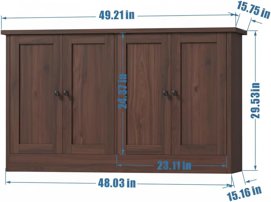 holzart Rustic Brown Buffet Cabinet with Storage, 49" Farmhouse Kitchen Sideboard with 4 Doors, Industrial Coffee Bar Cabinet & Console Table for Dining Room, Living Room