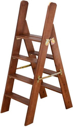 Step Stool 4-Step Brown Wooden Folding Ladder & Step Stool - Lightweight Handrail-Integrated Dual-Use Tread Ladder for Home, Library & Loft - 300lb Capacity
