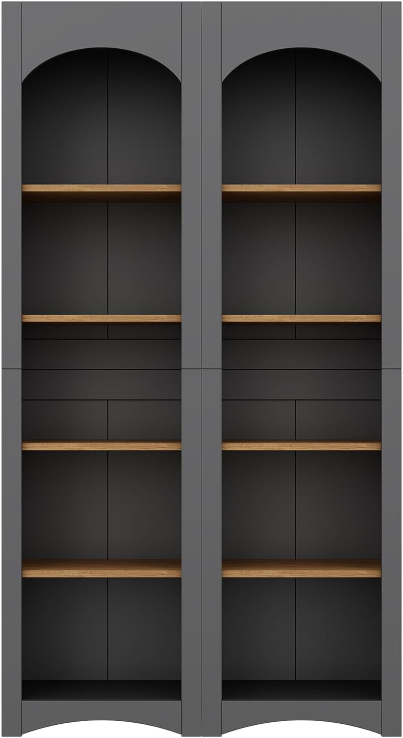 72 Inch High Arched Kitchen Sideboard, Wooden Kitchen Storage Cabinet, Farmhouse Style Two Tone Bookcase with Adjustable Shelves for Living Room, Bathroom, Gray