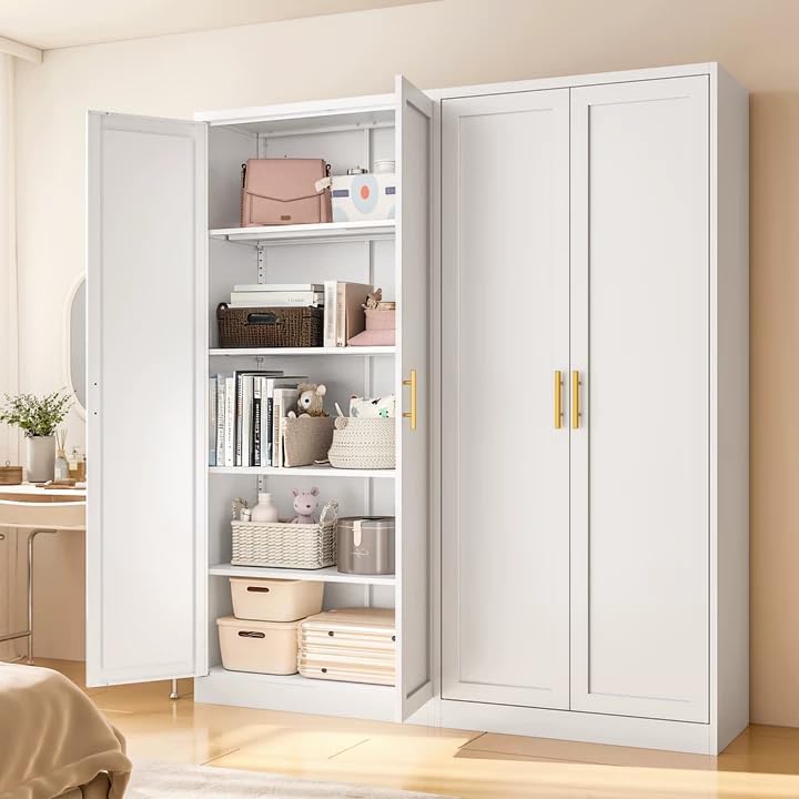 71" Tall White Metal Pantry Cabinet, Freestanding Storage Cupboard with Doors & 4 Adjustable Shelves, for Kitchen, Dining Room & Living Room