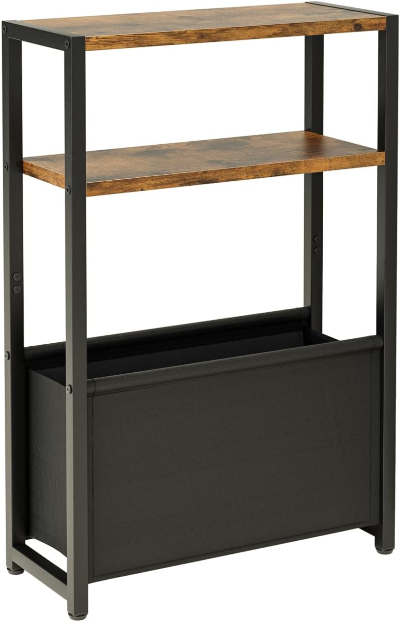 Narrow Side Table End Table, 3-Tier Side Table with Storage Bag, Narrow Nightstand for Small Spaces, Bedside Table for Living Room, Bedroom, Rustic Brown