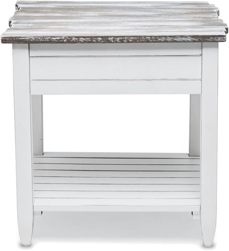 Pemberly Row Contemporary Wood End Table with Drawer, White/Gray Finish, 24" H x 22" W x 24" D, Solid Mindi and White Cedar Wood, Coastal Style, Textured Design, Ball Bearing Glides, Living Room Side