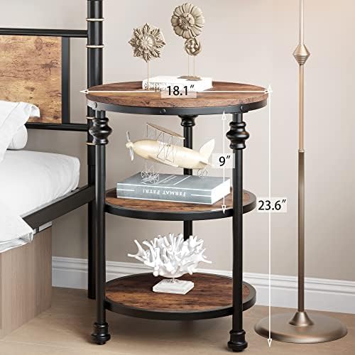 GarveeHome Round End Table with Storage Shelves, 3-Tier Round Farmhouse Side Table w/Mental Support Legs, Rustic End Table Accent Nighstands for Living Room Bedroom (A, Rustic Brown)
