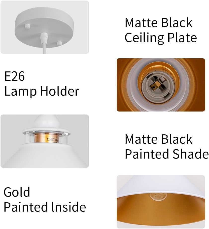 Black Pendant Lights Kitchen Island 2 Pack, Dome Pendant Light Fixtures, Farmhouse Pendant Light, Modern Pendant Lights for Kitchen Island Dining Room Bedroom Study (2, White)