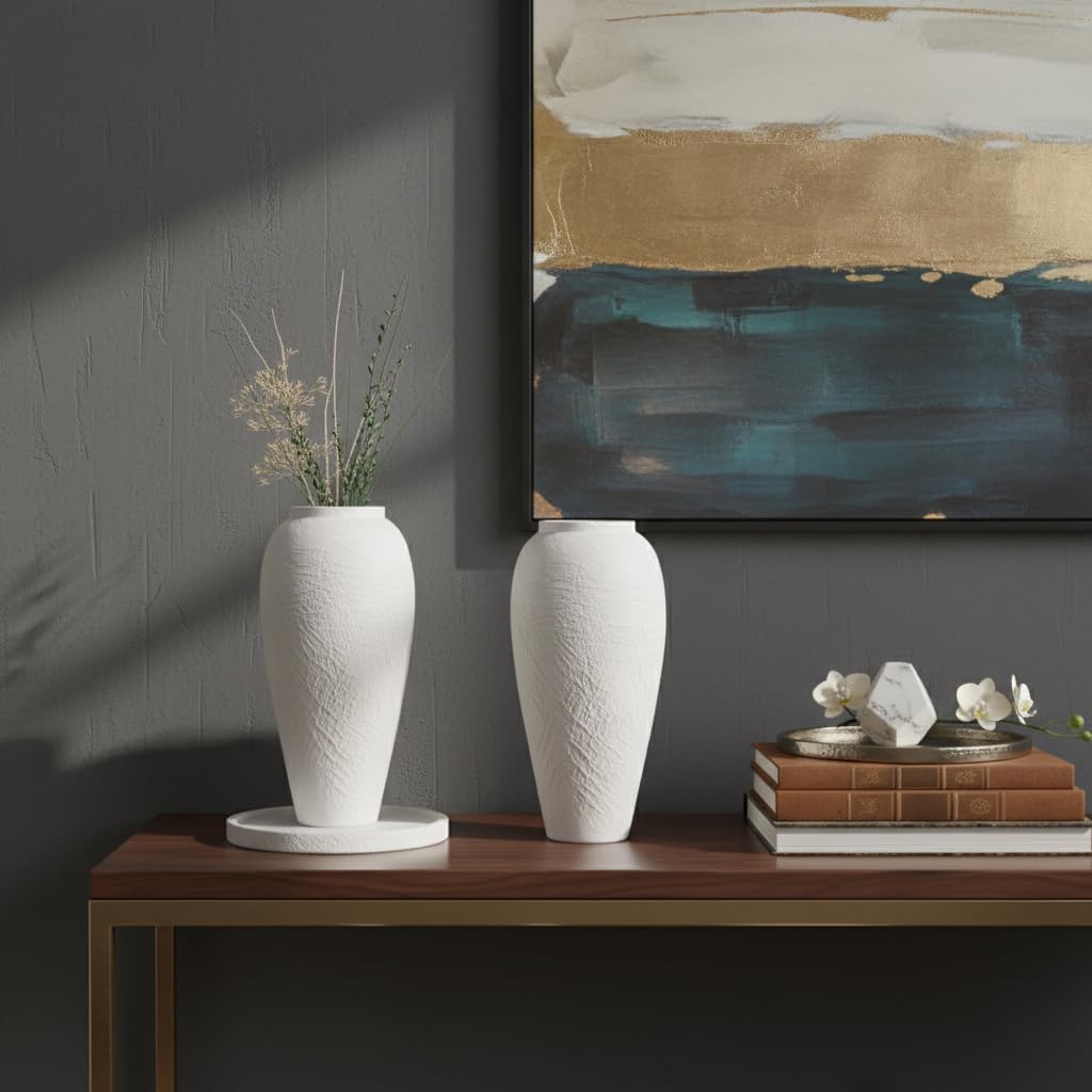 White Ceramic Vase, Large 12.6 Inch Tall Ceramic Flower Vase Home Decor, Minimalist Texture Stone White Flower Vase, Decorative Vase for Living Room Shelf Farmhouse Dining Table Centerpiece Decor