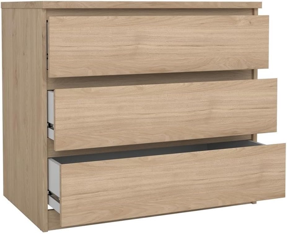 Pemberly Row Contemporary 3-Drawer Chest, Engineered Wood, Jackson Hickory Finish, Compact Design, Handle-Free Drawers, Smooth Metal Glides, Dorm or Small Living Space Storage Solution