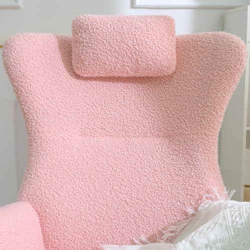 Rubber Wood Nursery Rocking Chair with Pocket, Teddy Upholstered Glider Rocker for Baby Feeding, Adjustable Headrest Armchair for Bedroom Living Room Office, Pink