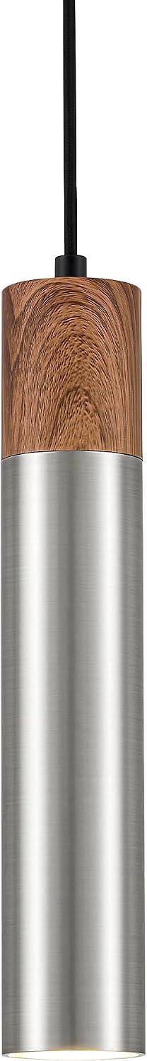ELYONA Modern Pendant Light for Kitchen Island, Brown Wood Grain & Brushed Nickel Metal Bauhaus Long Tube Hanging Light Fixture for Dining Room, Bedroom, Adjustable Height, GU10 LED Bulb Included