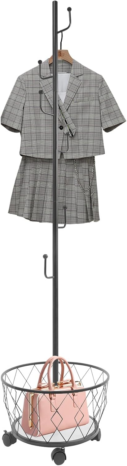 Coat Rack Freestanding with Storage Basket Black Hall Tree Entryway Organizer Coat Stand with Hooks for Hat Bag Scarf Shoe Bedroom Living Room Office