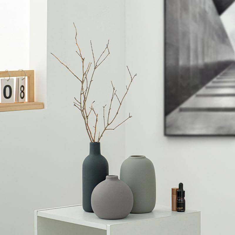 Ceramic Vase Set of 3 - Small Modern Minimalist Ceramic Bud Vases for Home Decor - Boho Aesthetic Flower Vases for Desk, Shelf & Table, Mantle, Bookshelf (Cute & Versatile) (Neutral Mix)