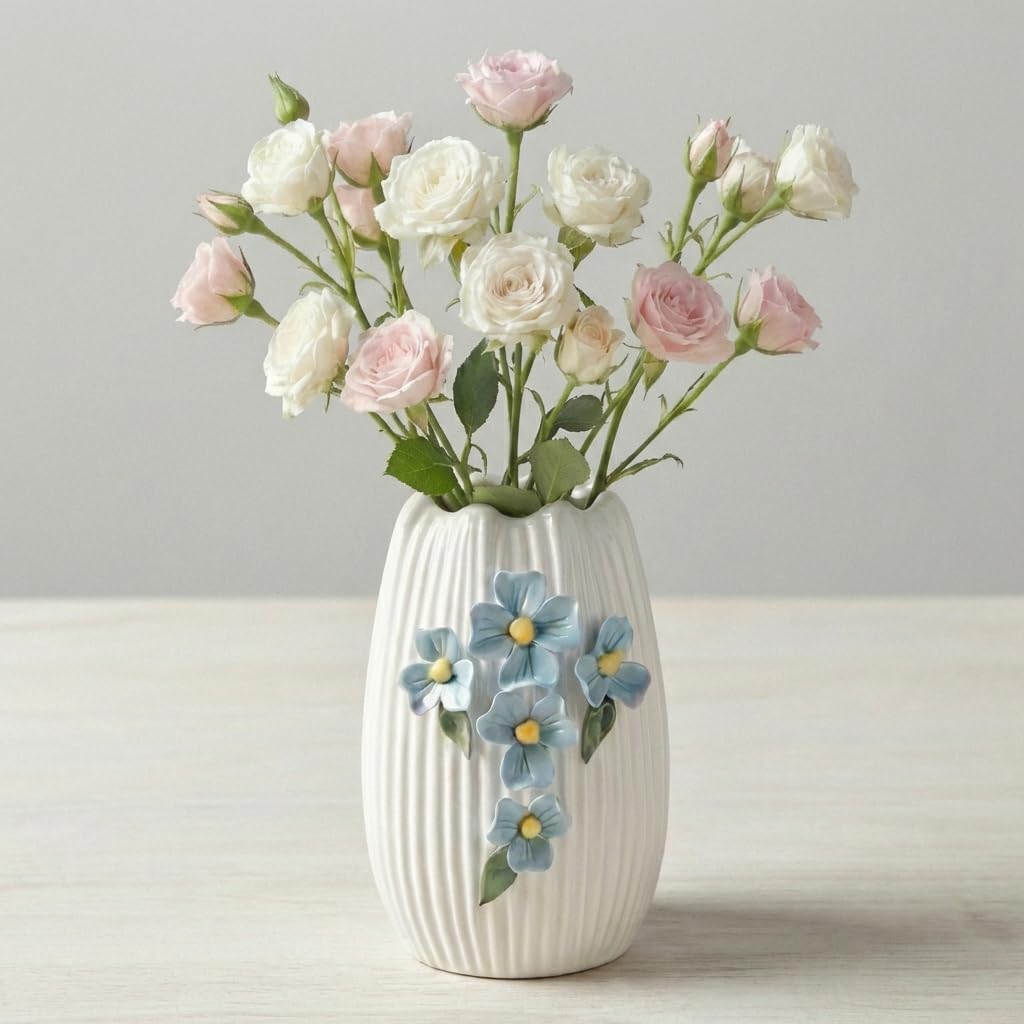 White Ceramic Vase - 7 inch Small Boho Vases Home Decor, 3D Floral Modern Vase for Pampas Grass, Centerpieces for Table, Kitchen, Living Room, Bathroom Decor