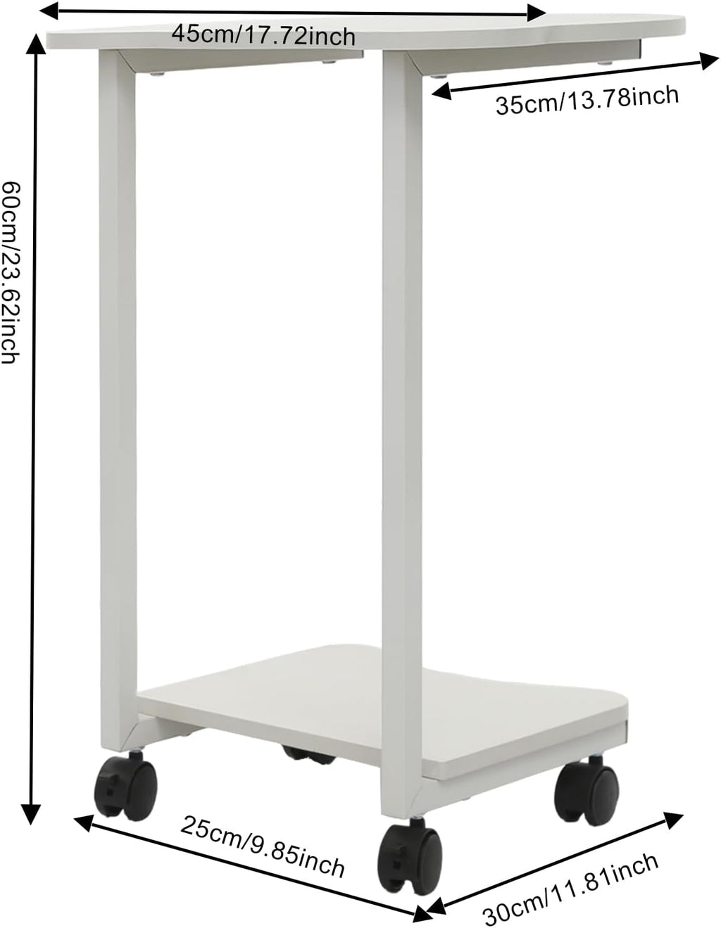 Mobile Side Table with Wheels, 2-Tier Lockable Rolling End Table for Sofa & Bedside, Modern Panda Shape C Table with Storage Shelf, for Living Room, Bedroom (White)