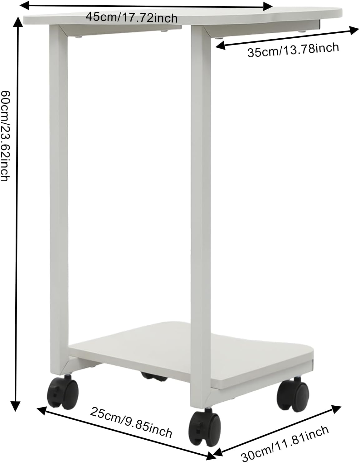 Mobile Side Table with Wheels, 2-Tier Lockable Rolling End Table for Sofa & Bedside, Modern Panda Shape C Table with Storage Shelf, for Living Room, Bedroom (White)