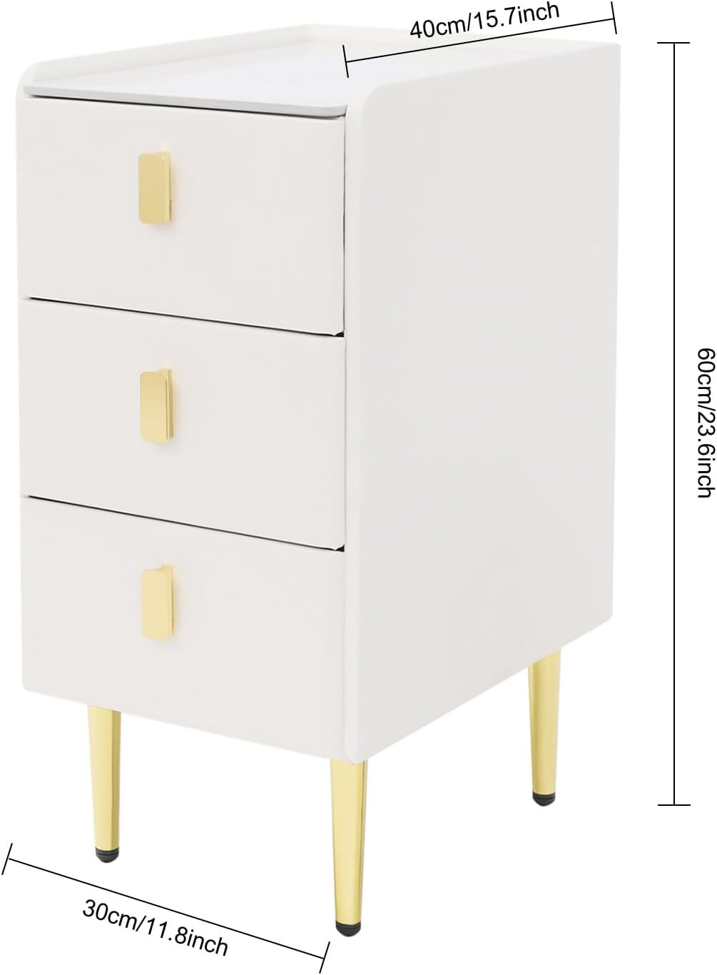 3-Layers Narrow Bedside Table, Space-Saving Living Room End Table with 3 Drawers, Leather Small Solid Wood Side Table with Support Legs for Small Spaces Bedroom (Off-White)