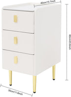 3-Layers Narrow Bedside Table, Space-Saving Living Room End Table with 3 Drawers, Leather Small Solid Wood Side Table with Support Legs for Small Spaces Bedroom (Off-White)