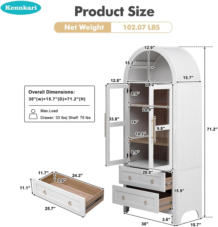 71" Tall Arched Kitchen Pantry Cabinet with 2 Large Drawers & Adjustable Shelves, Arched Bookshelf with Storage Cabinet & Glass Doors, Wooden Versatile Cupboard for Dining Room (White)