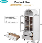 71" Tall Arched Kitchen Pantry Cabinet with 2 Large Drawers & Adjustable Shelves, Arched Bookshelf with Storage Cabinet & Glass Doors, Wooden Versatile Cupboard for Dining Room (White)