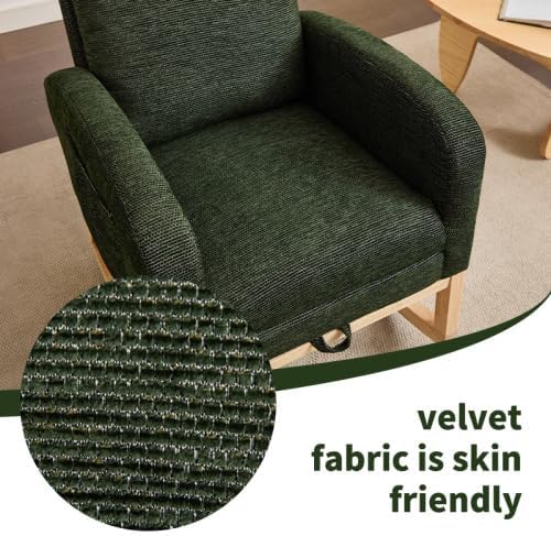 Dark Green Rocking Chair for Nursery Bedroom, Padded Upholstered Glider Rocker with Side Storage Pocket & High Back, Wood Legs Comfy Armchair for Living Room