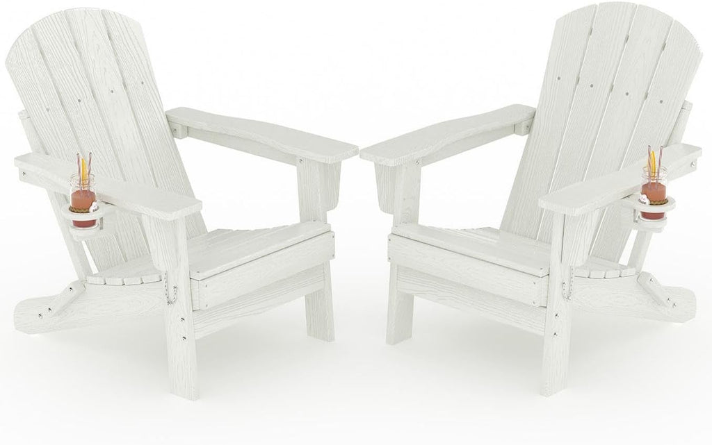 Garvee Folding Adirondack Chair Set of 2, HDPE Outdoor Patio Chair with Cup Holder, All Weather Resistent Wooden Textured for patios, Decks, Gardens, fire Pit, White