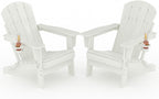 Garvee Folding Adirondack Chair Set of 2, HDPE Outdoor Patio Chair with Cup Holder, All Weather Resistent Wooden Textured for patios, Decks, Gardens, fire Pit, White
