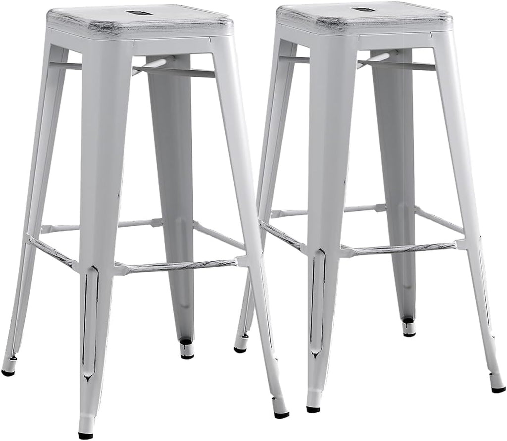 AC Pacific 30” Metal Backless Barstool Set of 2 – Country Rustic Style, Lightweight & Sturdy Build, Easy Assembly – Distressed Snow White