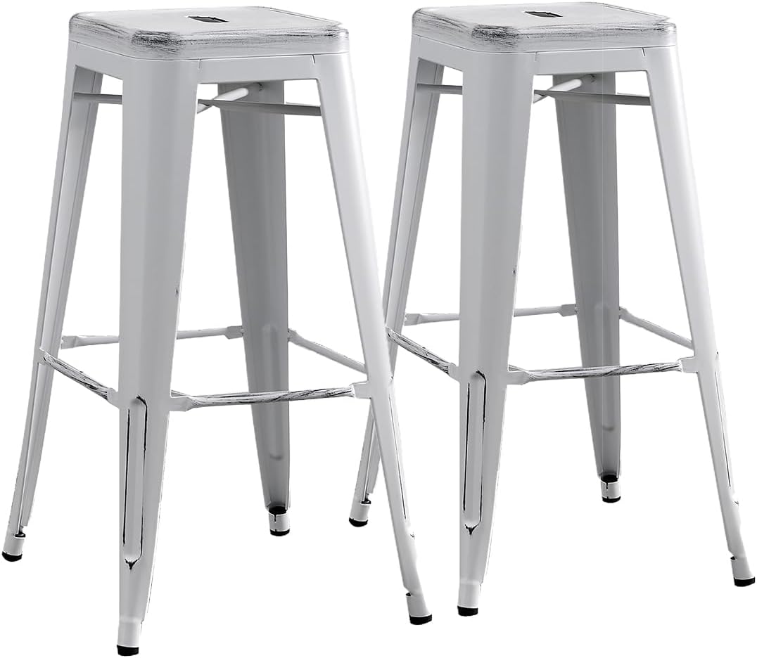 AC Pacific 30” Metal Backless Barstool Set of 2 – Country Rustic Style, Lightweight & Sturdy Build, Easy Assembly – Distressed Snow White
