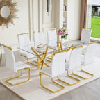 AZmac Modern Dining Table Set for 8 with Gold Metal Frame, 9-Piece Glass Dining Table with PU High Back Chairs for Kitchen Dining Room, Glass Table and 8 White Chairs
