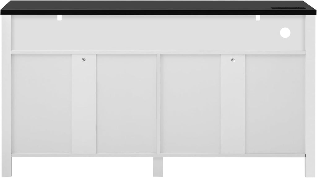 59'' Modern 4-Door Sideboard Buffet with Power Outlets & USB Ports,Adjustable Shelves and Half-Open Storage Cabinet,Metal Accents & Aluminum Handles for Living Room,Dining Room,Entryway (White+Black)