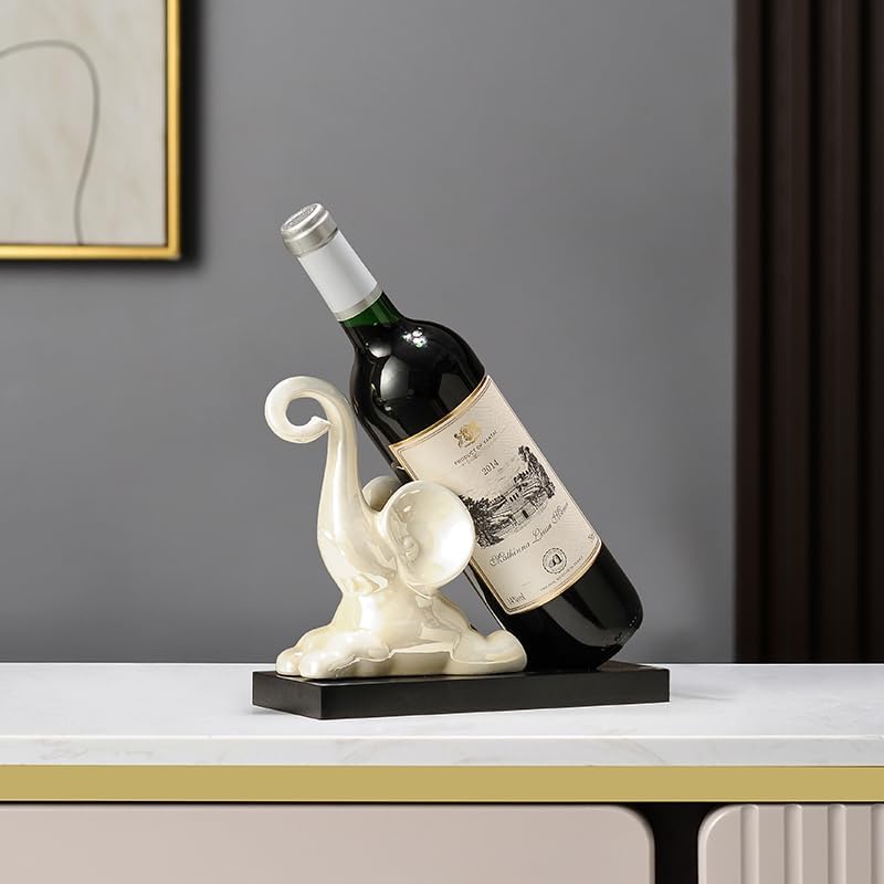 ELEGANTZ Modern Wine Bottle Holder – Decorative Elephant Design with Chrome Finish – Single Bottle Display Stand for Countertop, Bar, or Dining Table – Elegant Wine Rack with Black Base