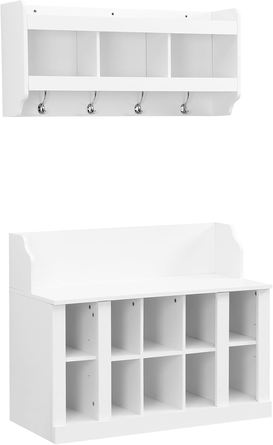Shoe Storage Bench with Shelves and 4 Hooks, Elegant Hall Tree with Shoes Cubbies and Wall Mounted Coat Rack, Entryway Organizer For Hallway, Foyer, Mudroom, White