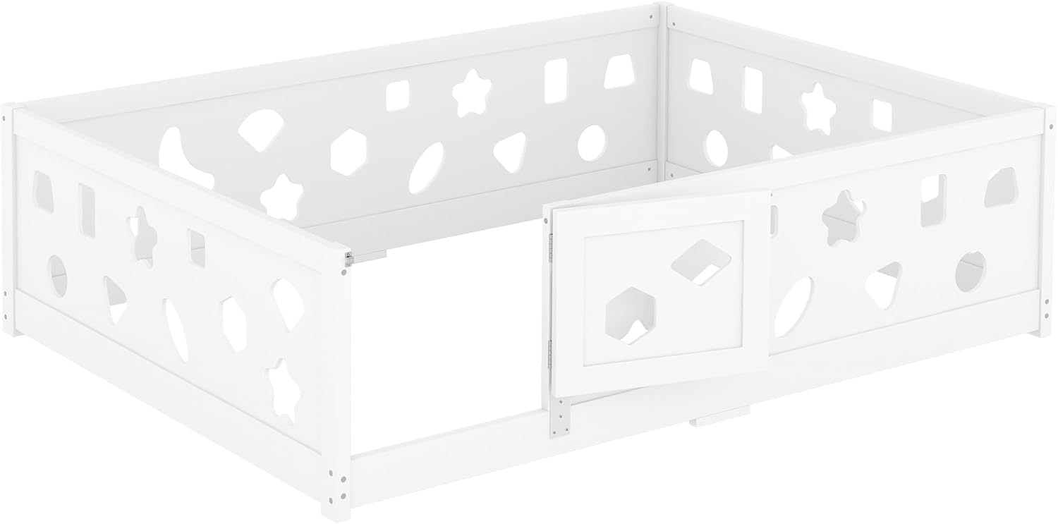 Full Size Floor Bed with Heightened Safety Guardrails and Door, Solid Wood Bede with Rails for Girls, Boys, Teens, Child Bedroom, Playroom, No Slats Included, White EC170