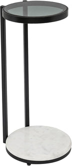 Black Drink Table with Glass Top & White Marble Base | Decorative Modern End Table | Metal Base Side Table | Accent Table for Living Room | 10x10x23.25