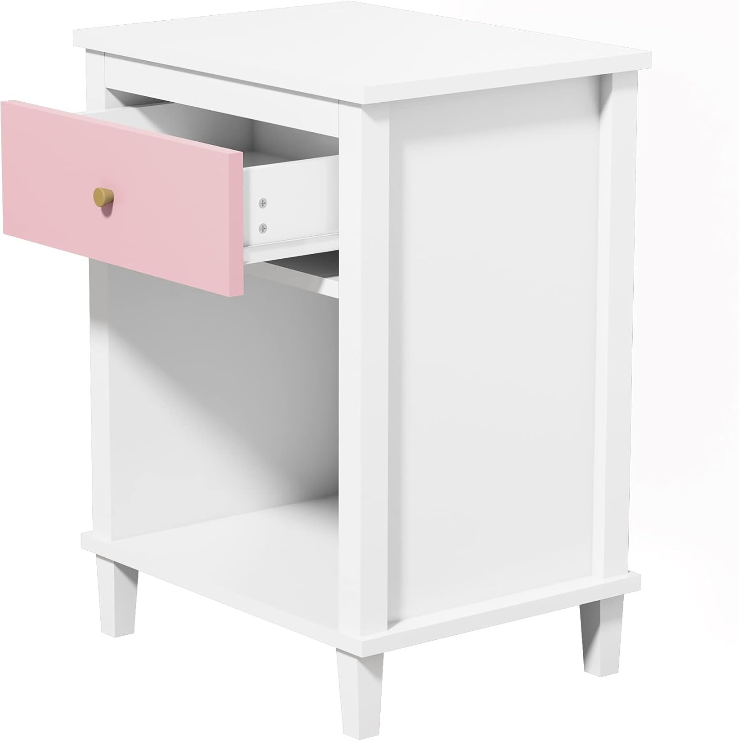 Kids Nightstand, Modern Toddler Nightstand with One Drawer & Open Shelf, Wood End Table for Boys and Girls, Multi-Color Options for Bedroom, Living Room, and Kids' Room Storage (White)
