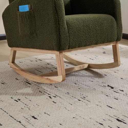Green Upholstered Teddy Glider Rocker, High Back Armchair with Side Pocket and Solid Wood Legs, Modern Nursery Rocking Chair for Living Room Bedroom Office