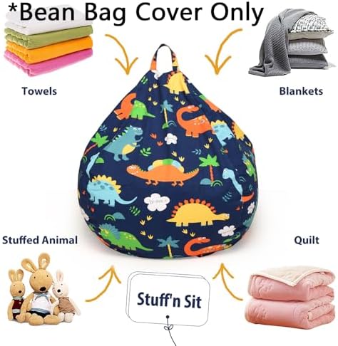 YuppieLife Kids Storage Bean Bag Cover（No Filling）Toy Organizer|Carrying Handle Sofa|Available for Kids and Teenager|Cuddle Chair|Machine Washable and Durable（27“,Dinosaur）