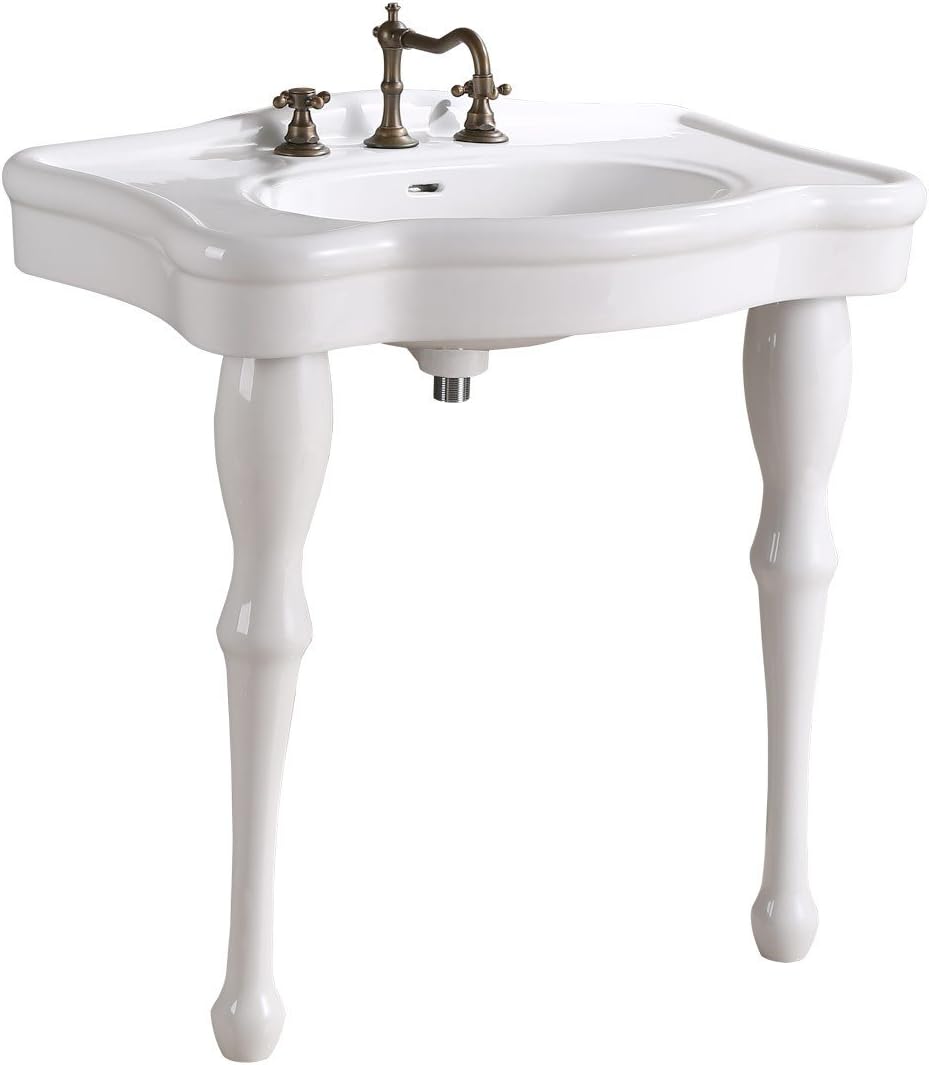 Jasmine White Console Bathroom Sink 32.5" Wide 2 Spindle Pedestal Leg Supports Heavy Duty Porcelain Wall Mount Console Sink With Overflow and Widespread Faucet Holes Renovators Supply Manufacturing