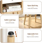 Mid-Century Modern Nightstand with Drawer and Open Shelf, Bedside Table with Solid Wood Legs and Adjustable Feet, Linen-Textured Side Table for Bedroom and Living Room, Oak & White (1 Pack)