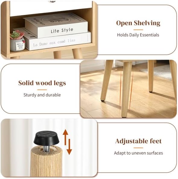 Mid-Century Modern Nightstand with Drawer and Open Shelf, Bedside Table with Solid Wood Legs and Adjustable Feet, Linen-Textured Side Table for Bedroom and Living Room, Oak & White (1 Pack)