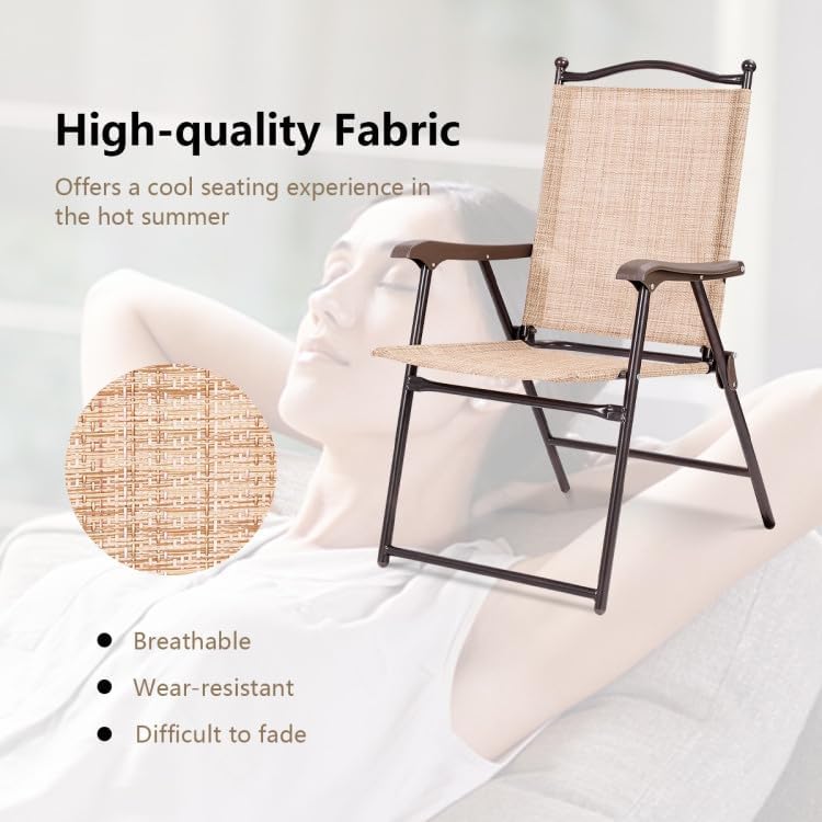 2-Pack Modern Folding Sling Back Deck Chairs in Beige Textile Fabric with Steel Frame & Plastic Feet, 20x24x38in, UV-Resistant for Outdoor Use