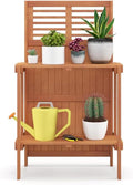 Foldable Wood Potting Bench 2-Tier Storage Shelves Teak Oil Finish Garden Balcony Yard Deck