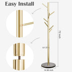 Jolitac Metal Coat Rack Stand Golden Satin Steel Finish Stable Marble Base, High-Grade with Hooks Metal Tree Hat & Coat Hanger Floor Free Standing Wall Bedroom Easy Assembly (Golden)