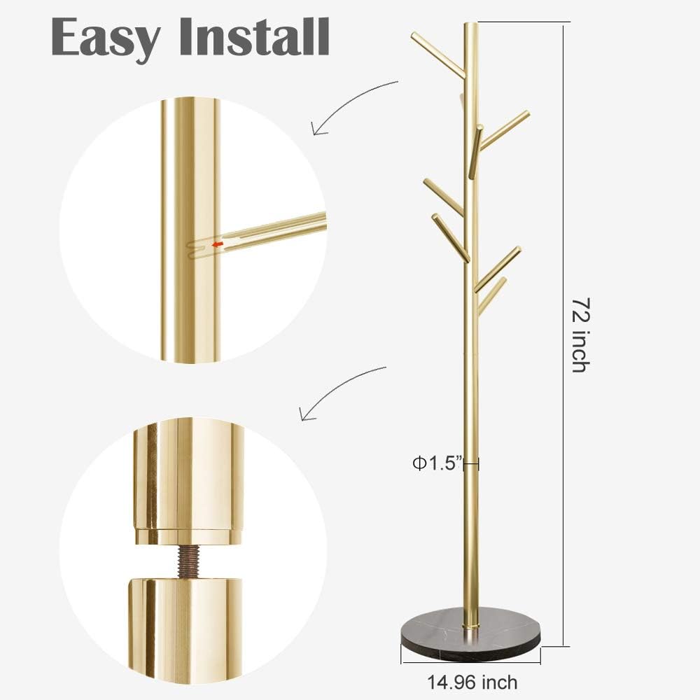 Jolitac Metal Coat Rack Stand Golden Satin Steel Finish Stable Marble Base, High-Grade with Hooks Metal Tree Hat & Coat Hanger Floor Free Standing Wall Bedroom Easy Assembly (Golden)