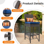 Sundale Outdoor Wicker Bar Stool Set of 2, 30 Inch Seat Height Patio Counter Height Stool with Back Rest, Rattan Woven Tall Chair with Pillow & Navy Blue Cushion, High Bar Stool - Steel, Charcoal
