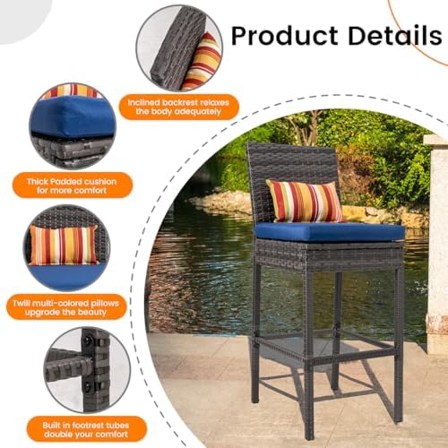 Sundale Outdoor Wicker Bar Stool Set of 2, 30 Inch Seat Height Patio Counter Height Stool with Back Rest, Rattan Woven Tall Chair with Pillow & Navy Blue Cushion, High Bar Stool - Steel, Charcoal