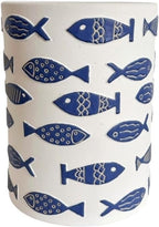 Pemberly Row Handmade Ceramic Accent Table, 13" W x 13" D x 17.5" H, Blue Fish Design, White Finish, Artisanal Global Style, Durable Side Table for Living Room, Patio, or Bedroom Decor
